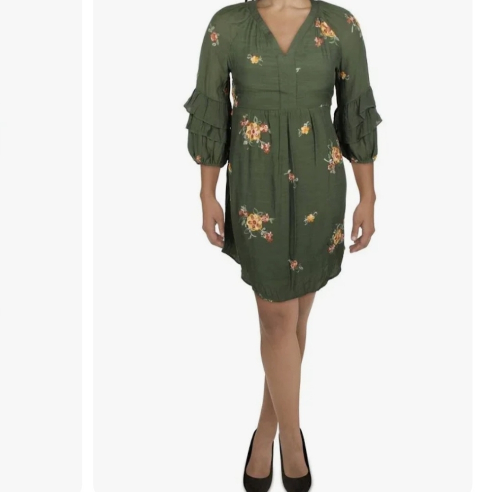 Anthropologie Fig Flower Embroidered Dress Green Floral Long Sleeved size L